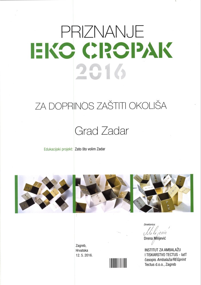 Grad Zadar dobitnik priznanja EKO CROPAK 2016. za doprinos zaštiti okoliša
