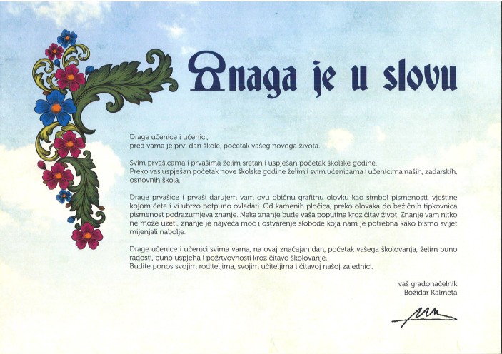 Gradonačelnik Božidar Kalmeta zaželio prvašićima i svim učenicima sretan početak školske godine