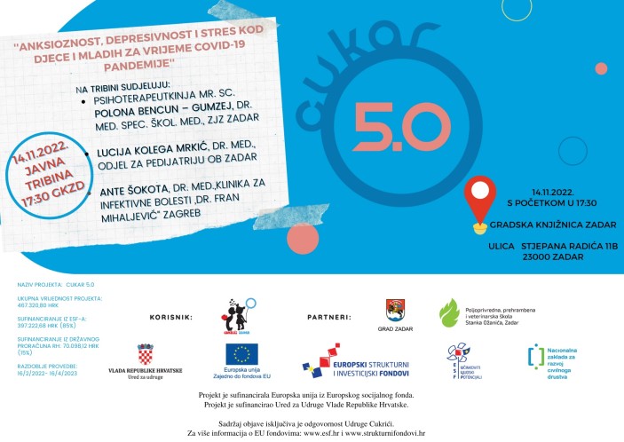 Poziv na javnu tribinu ''Anksioznost, depresivnost i stres kod djece i mladih za vrijeme COVID-19 pandemije'' - Projekt CUKAR 5.0
